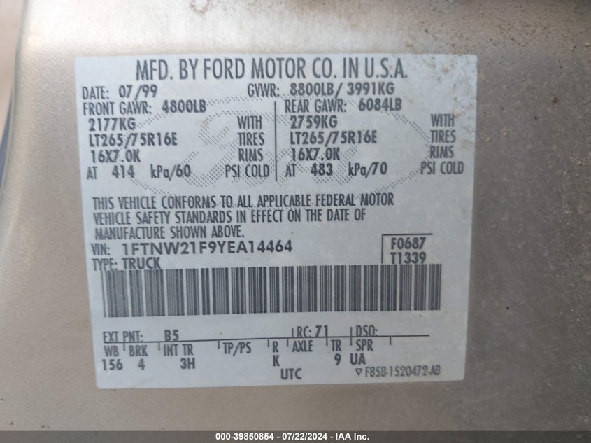 2000 Ford F-250 Lariat/Xl/Xlt VIN: 1FTNW21F9YEA14464 Lot: 39850854