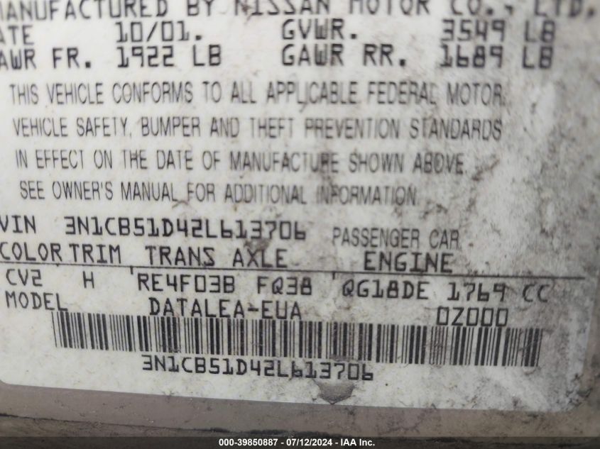 2002 Nissan Sentra Xe/Gxe VIN: 3N1CB51D42L613706 Lot: 39850887