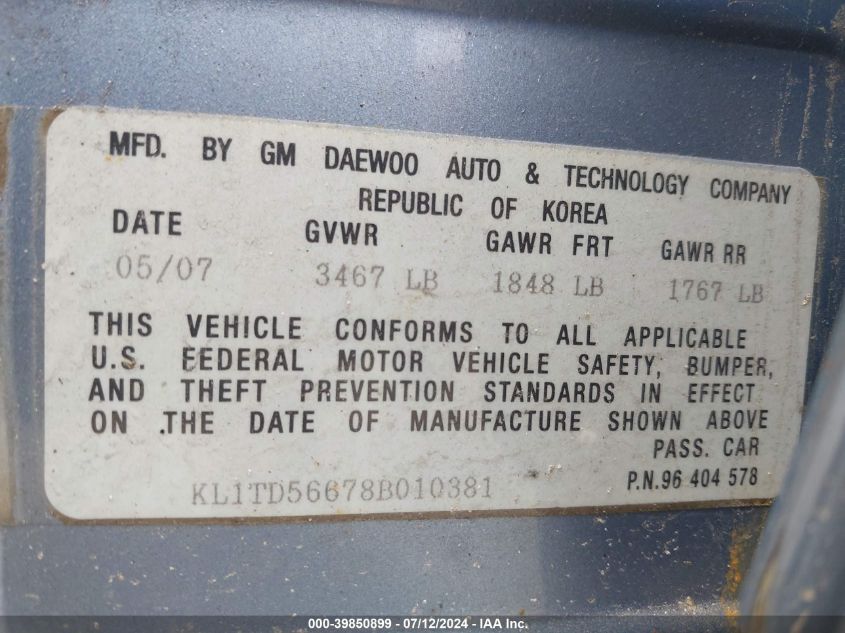 2008 Chevrolet Aveo Ls VIN: KL1TD56678B010381 Lot: 39850899