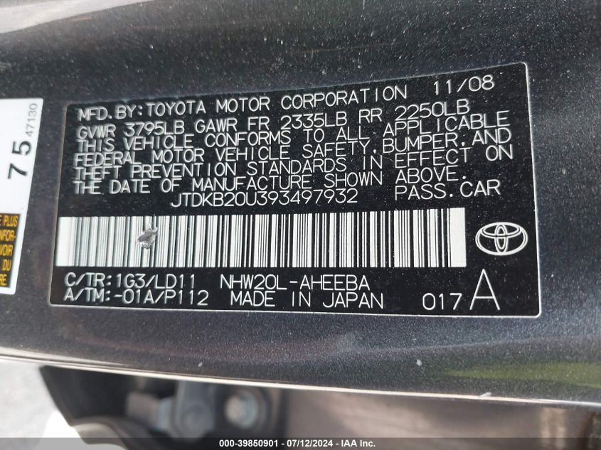 2009 Toyota Prius VIN: JTDKB20U393497932 Lot: 39850901