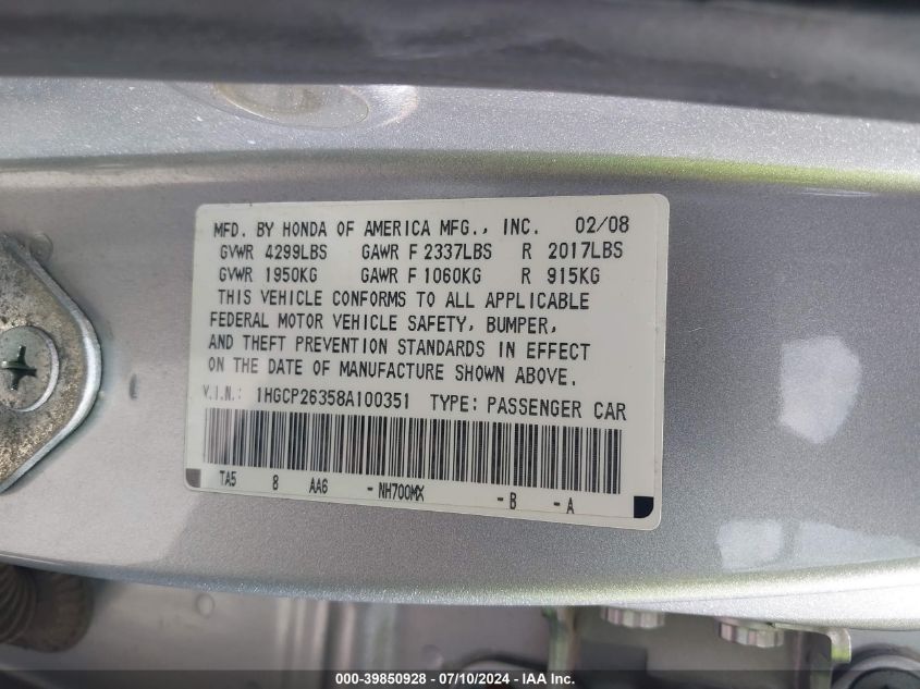 1HGCP26358A100351 | 2008 HONDA ACCORD