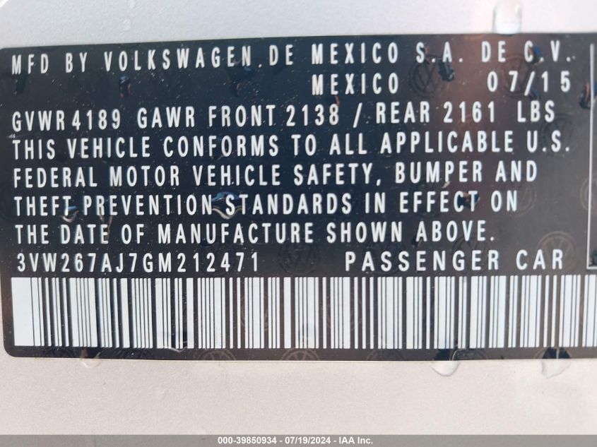 2016 Volkswagen Jetta 1.4T S VIN: 3VW267AJ7GM212471 Lot: 39850934