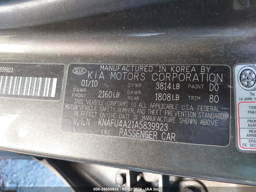 2010 Kia Forte Ex VIN: KNAFU4A21A5839923 Lot: 39850935