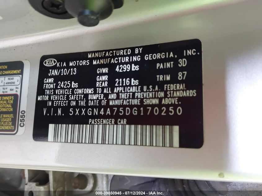 2013 Kia Optima Ex VIN: 5XXGN4A75DG170250 Lot: 39850945