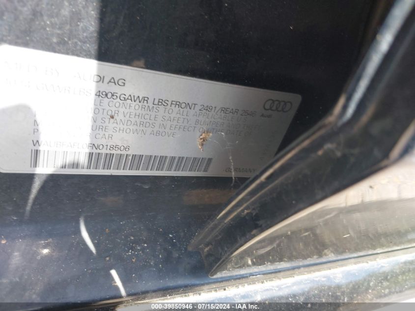 2015 Audi A4 2.0T Premium VIN: WAUBFAFL0FN018506 Lot: 39850946