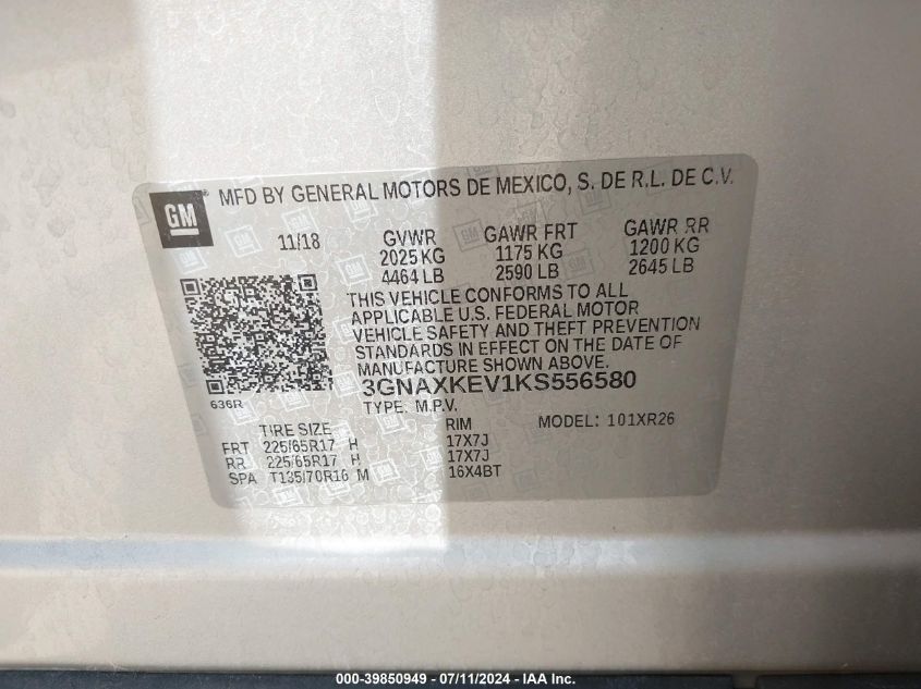 2019 Chevrolet Equinox Lt VIN: 3GNAXKEV1KS556580 Lot: 39850949