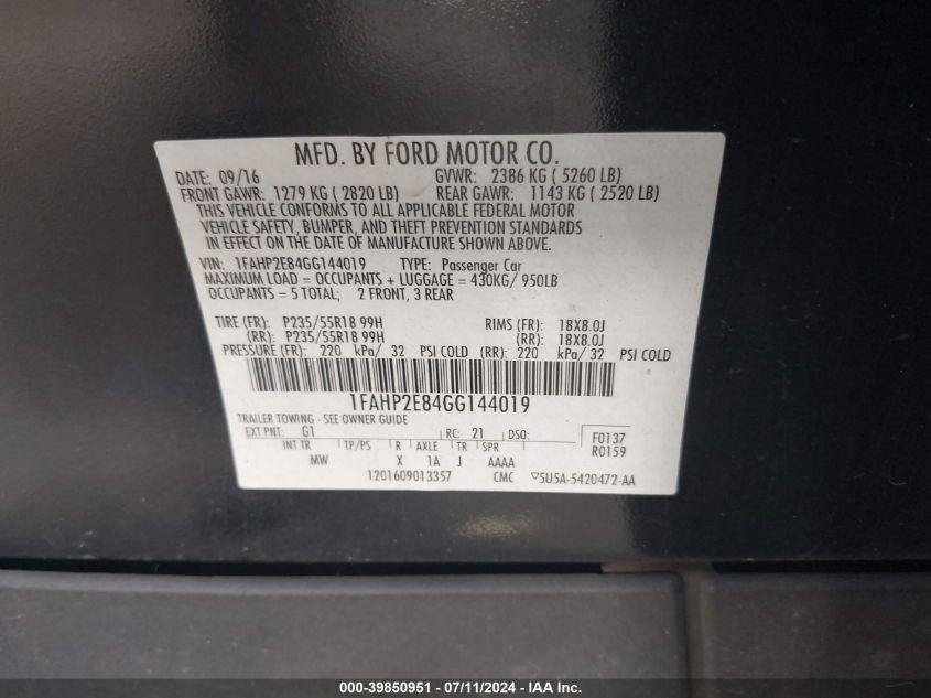 2016 Ford Taurus Sel VIN: 1FAHP2E84GG144019 Lot: 39850951