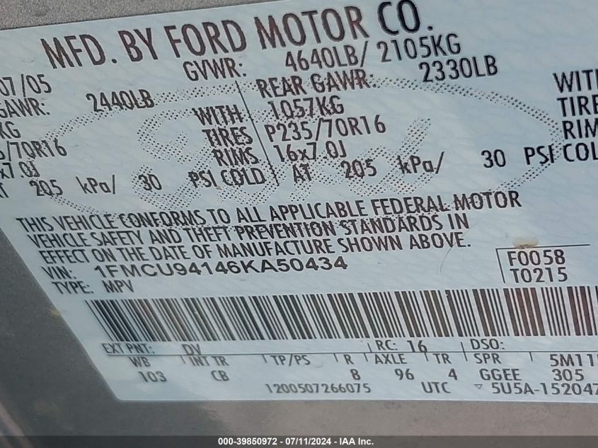 1FMCU94146KA50434 2006 Ford Escape Limited