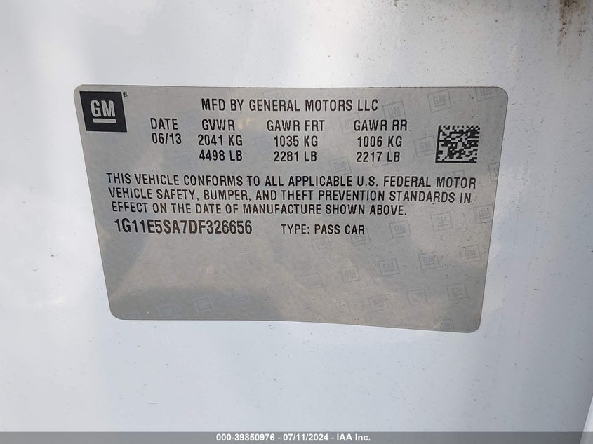2013 Chevrolet Malibu 2Lt VIN: 1G11E5SA7DF326656 Lot: 39850976