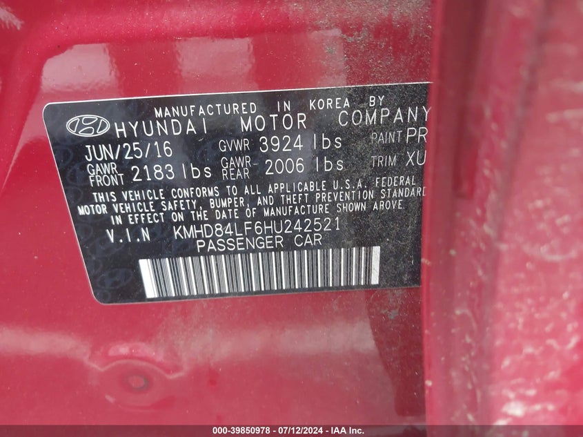 VIN KMHD84LF6HU242521 2017 HYUNDAI ELANTRA VALUE EDITION