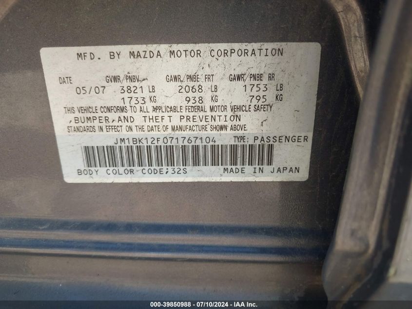 2007 Mazda Mazda3 I VIN: JM1BK12F071767104 Lot: 39850988