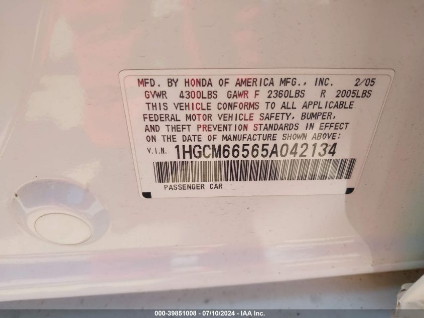 2005 Honda Accord 3.0 Ex VIN: 1HGCM66565A042134 Lot: 39851008