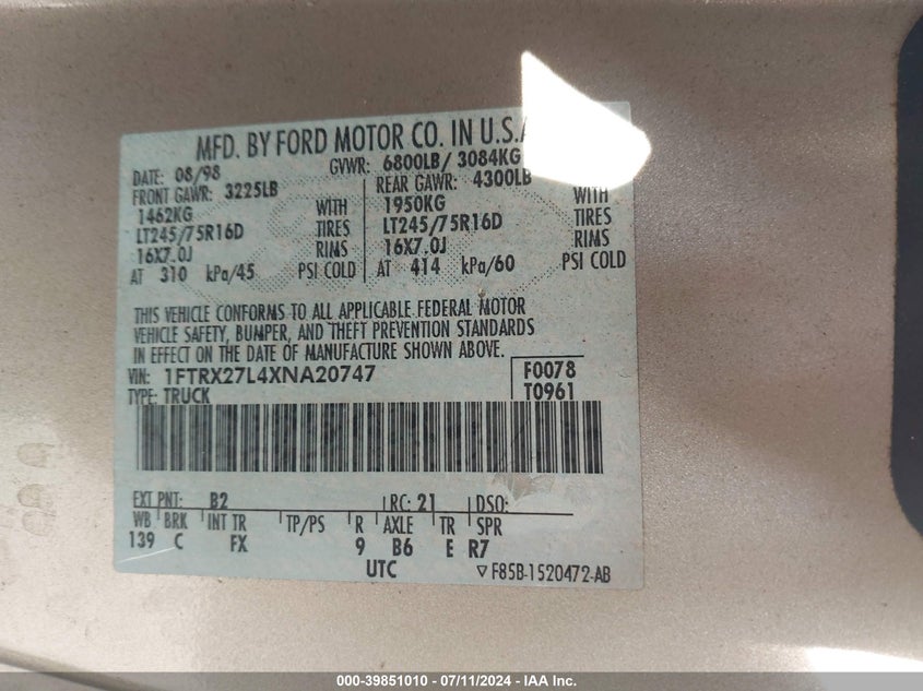 1999 Ford F-250 Lariat/Work Series/Xl/Xlt VIN: 1FTRX27L4XNA20747 Lot: 39851010