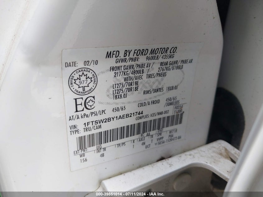 2010 Ford F-250 Cabela's/King Ranch/Lariat/Xl/Xlt VIN: 1FTSW2BY1AEB21744 Lot: 39851014