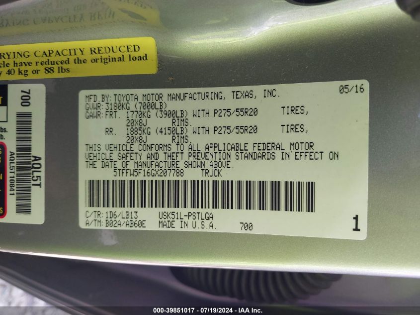 2016 Toyota Tundra Limited 5.7L V8 VIN: 5TFFW5F16GX207788 Lot: 39851017