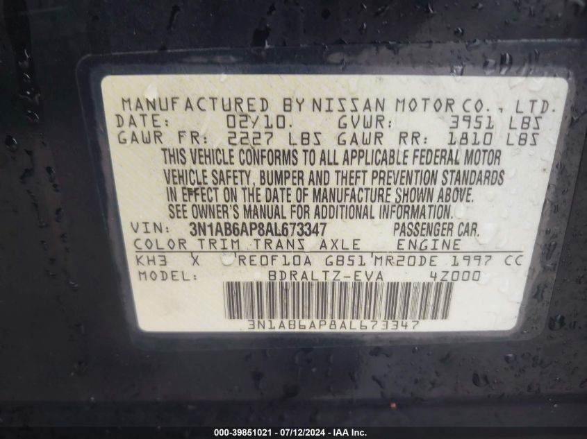 2010 Nissan Sentra 2.0Sr VIN: 3N1AB6AP8AL673347 Lot: 39851021