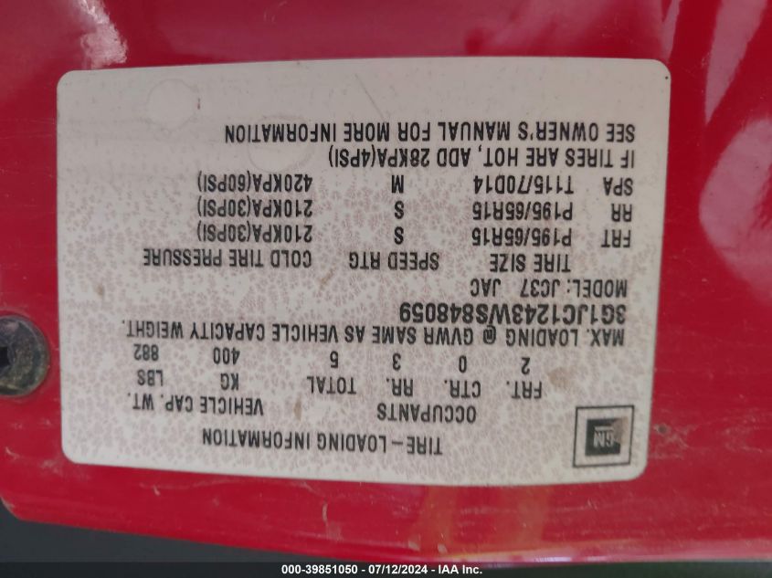 1998 Chevrolet Cavalier VIN: 3G1JC1243WS848059 Lot: 39851050