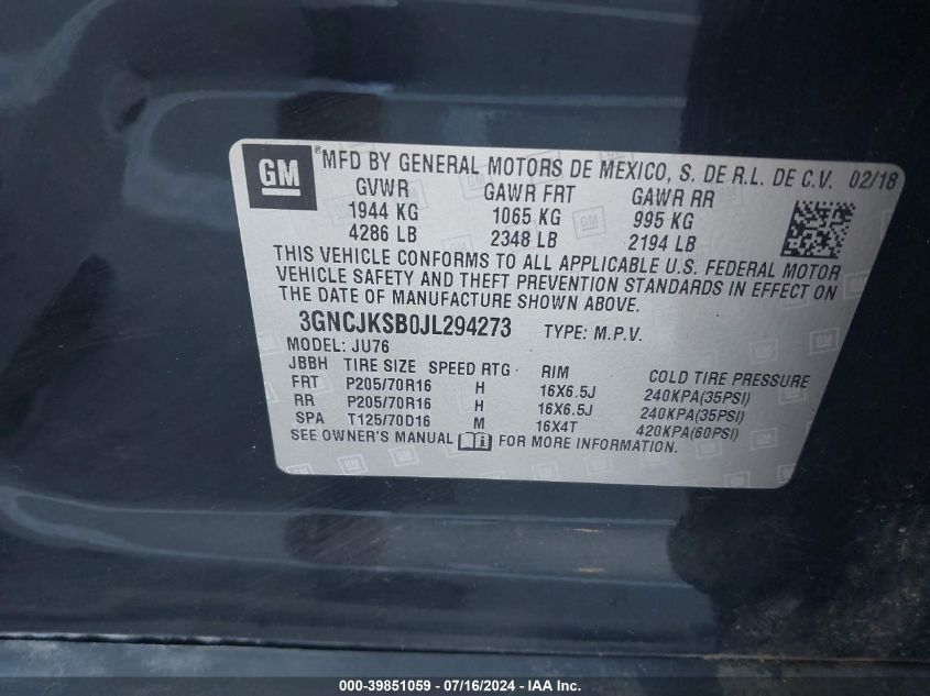 2018 Chevrolet Trax Ls VIN: 3GNCJKSB0JL294273 Lot: 39851059