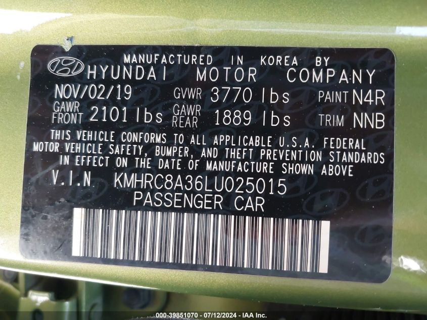 2020 Hyundai Venue Sel VIN: KMHRC8A36LU025015 Lot: 39851070