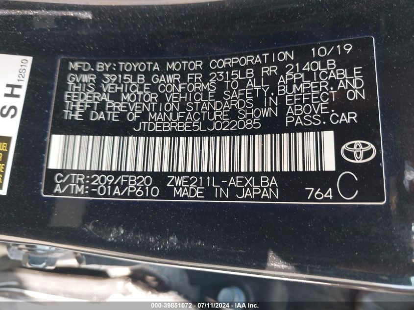 2020 Toyota Corolla Hybrid Le VIN: JTDEBRBE5LJ022085 Lot: 39851072