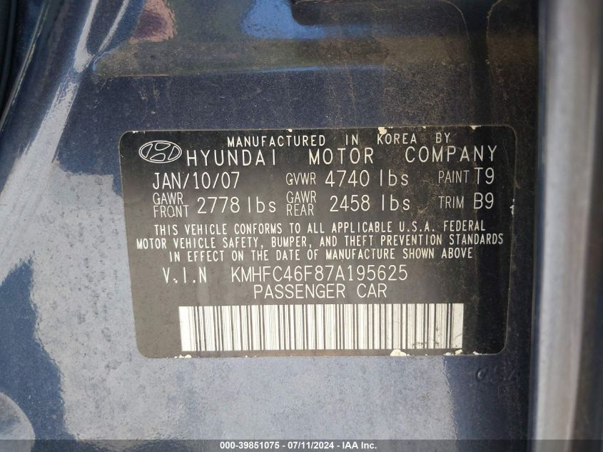 2007 Hyundai Azera Limited/Se VIN: KMHFC46F87A195625 Lot: 39851075