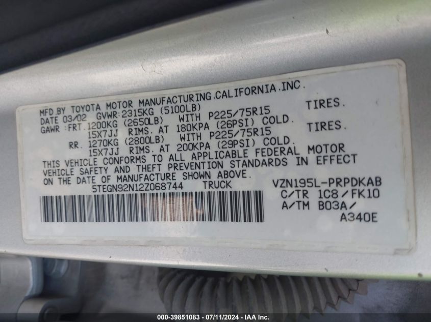 2002 Toyota Tacoma Prerunner V6 VIN: 5TEGN92N12Z068744 Lot: 39851083