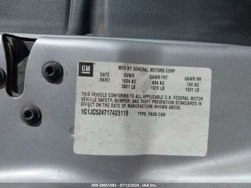 2001 Chevrolet Cavalier Cng VIN: 1G1JC524717423118 Lot: 39851093