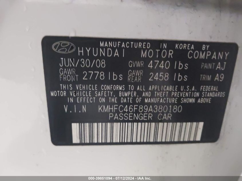 2009 Hyundai Azera Limited VIN: KMHFC46F89A380180 Lot: 39851094