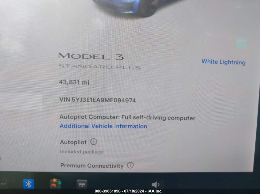 2021 Tesla Model 3 Standard Range Plus Rear-Wheel Drive VIN: 5YJ3E1EA9MF094974 Lot: 39851096