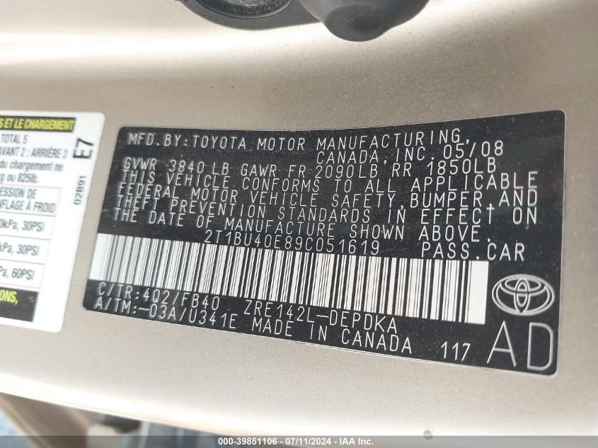 2009 Toyota Corolla Le VIN: 2T1BU40E89C051619 Lot: 39851106