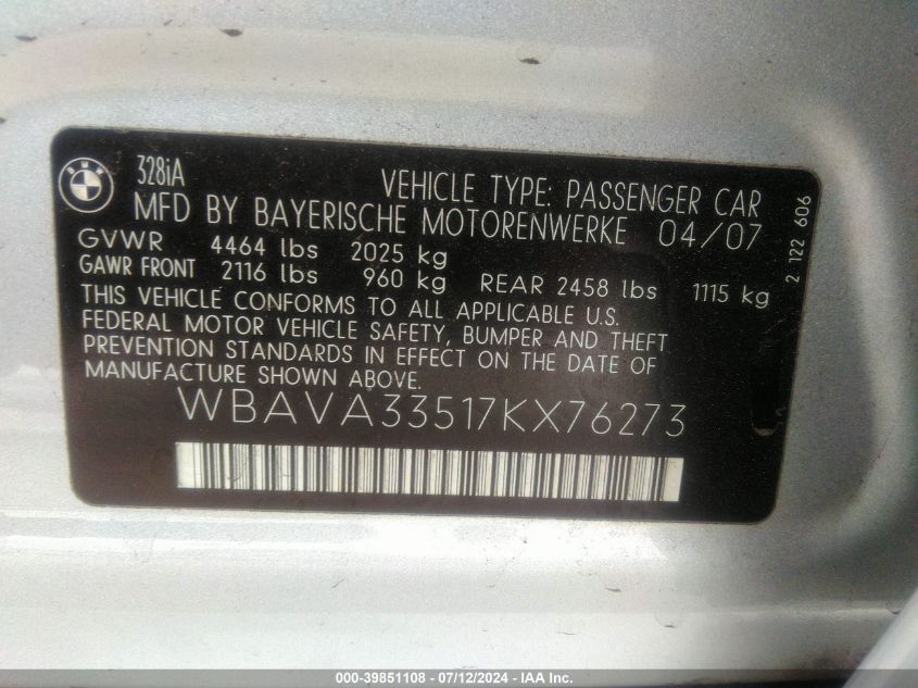 2007 BMW 328I VIN: WBAVA33517KX76273 Lot: 39851108