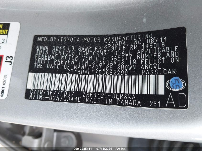 2011 Toyota Corolla S VIN: 2T1BU4EEXBC682290 Lot: 39851111