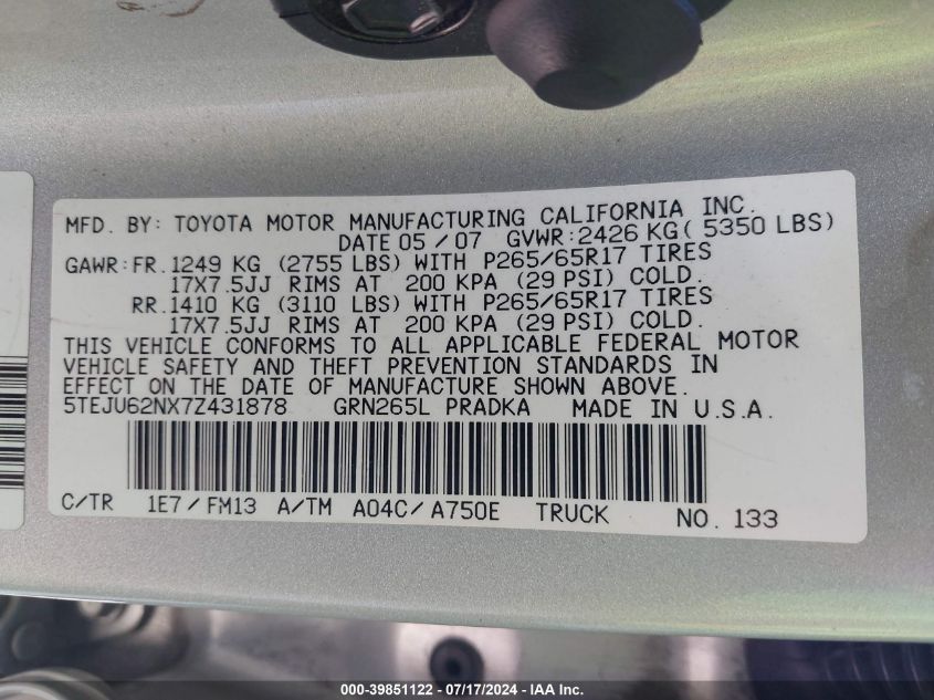 2007 Toyota Tacoma Prerunner V6 VIN: 5TEJU62NX7Z431878 Lot: 39851122
