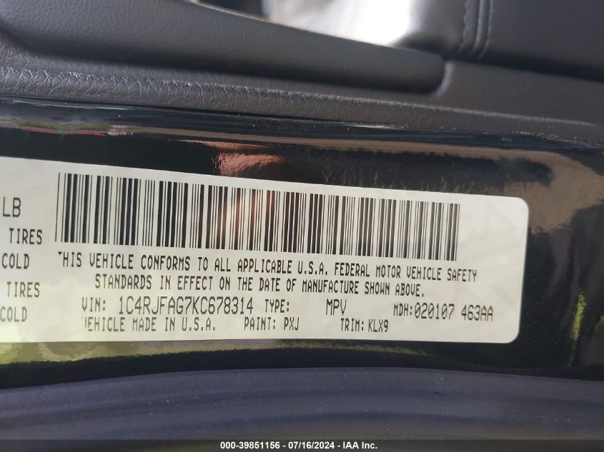 2019 Jeep Grand Cherokee Altitude 4X4 VIN: 1C4RJFAG7KC678314 Lot: 39851156