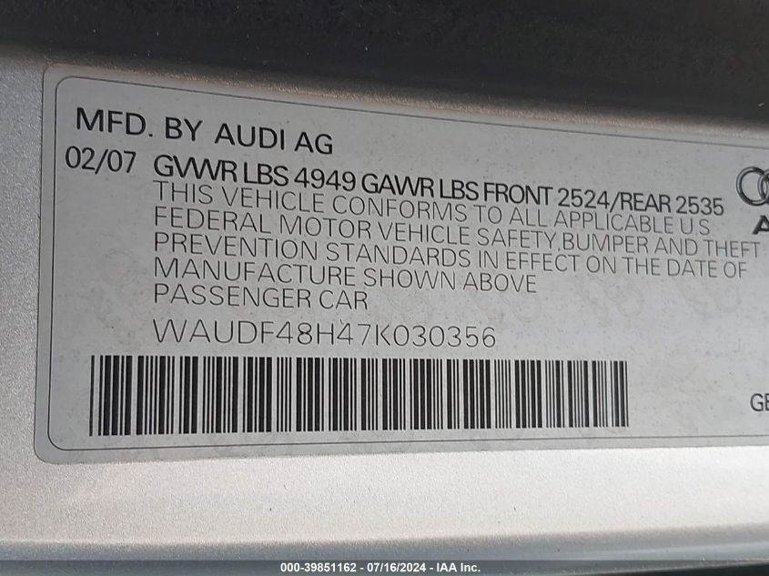 2007 Audi A4 2.0T VIN: WAUDF48H47K030356 Lot: 39851162