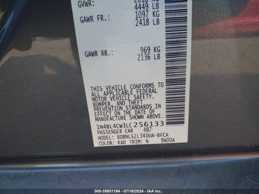 2020 Nissan Altima Sr Intelligent Awd VIN: 1N4BL4CW3LC256133 Lot: 39851164