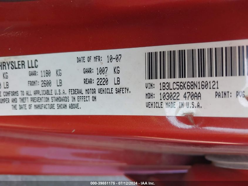 2008 Dodge Avenger Sxt VIN: 1B3LC56K68N160121 Lot: 39851175