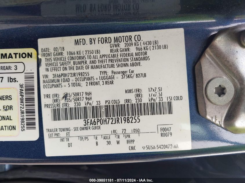 2018 Ford Fusion Se VIN: 3FA6P0H72JR198255 Lot: 39851181
