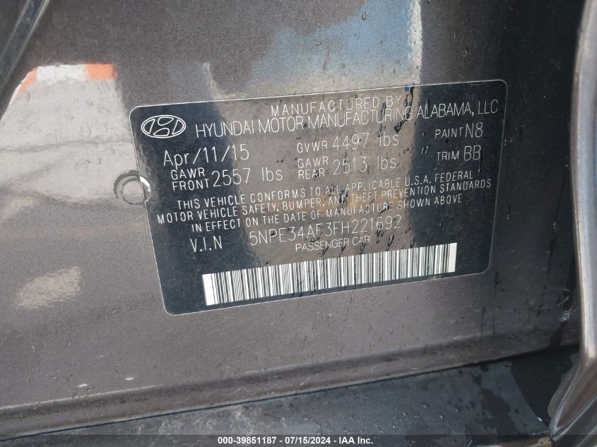 2015 Hyundai Sonata Sport VIN: 5NPE34AF3FH221692 Lot: 39851187