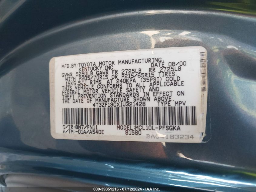 2001 Toyota Sienna Le/Xle VIN: 4T3ZF13CX1U321428 Lot: 39851216