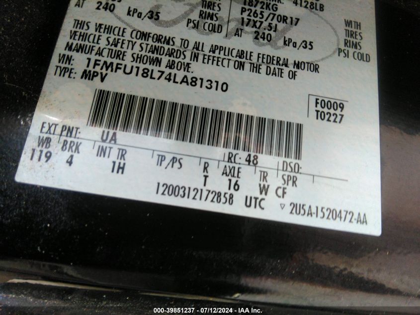 2004 Ford Expedition Eddie Bauer VIN: 1FMFU18L74LA81310 Lot: 39851237