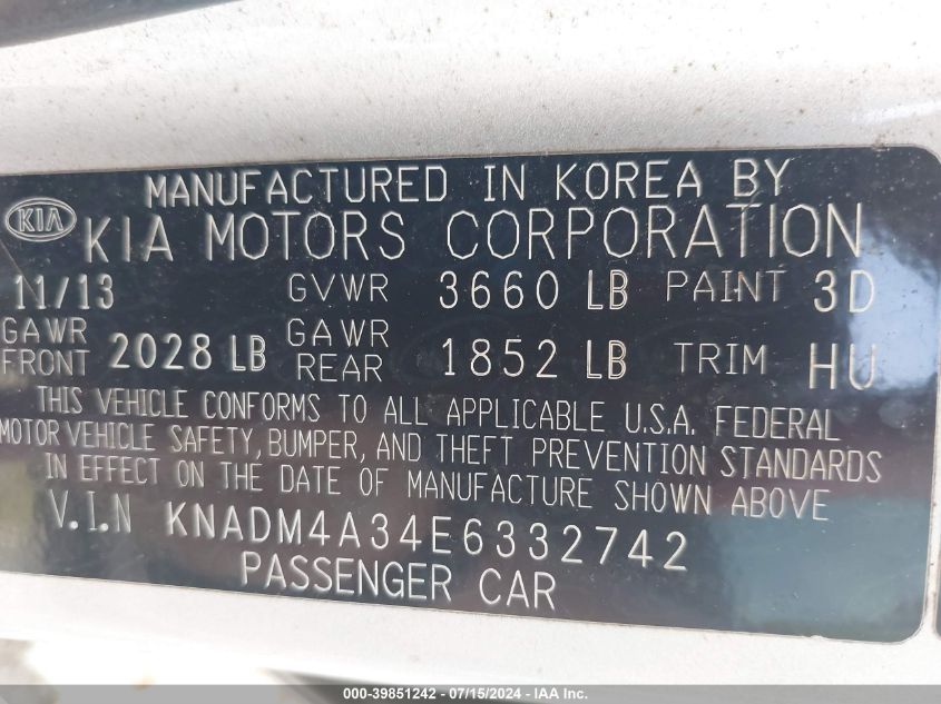 2014 Kia Rio Lx VIN: KNADM4A34E6332742 Lot: 39851242