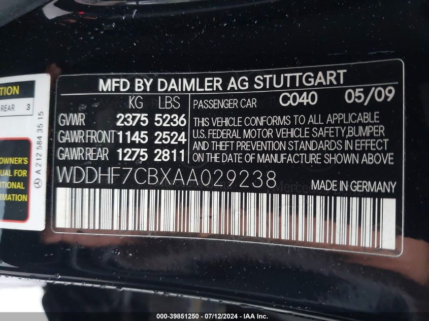 2010 Mercedes-Benz E 550 VIN: WDDHF7CBXAA029238 Lot: 39851250