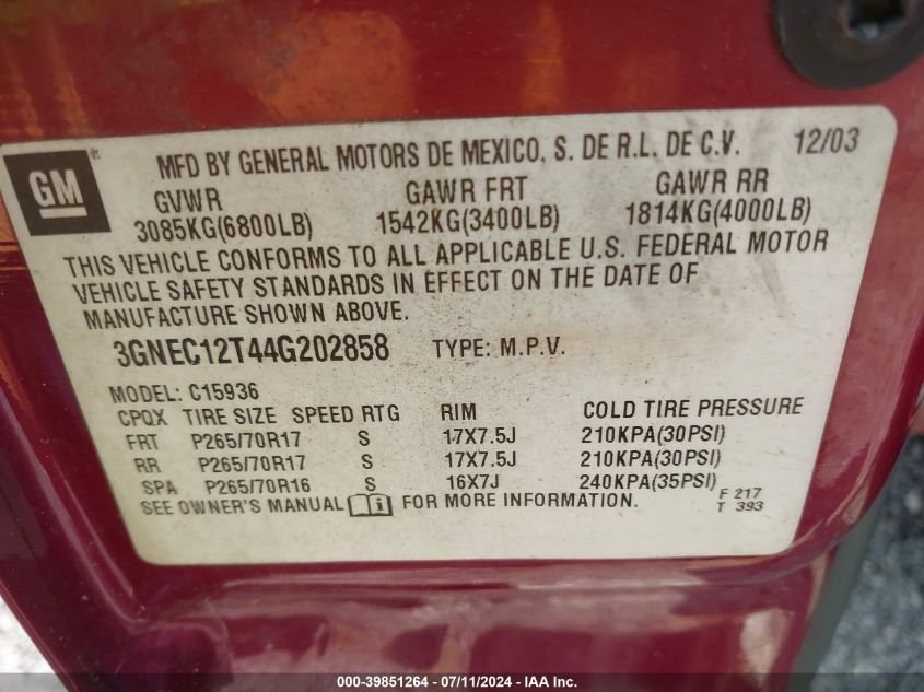 2004 Chevrolet Avalanche 1500 VIN: 3GNEC12T44G202858 Lot: 39851264