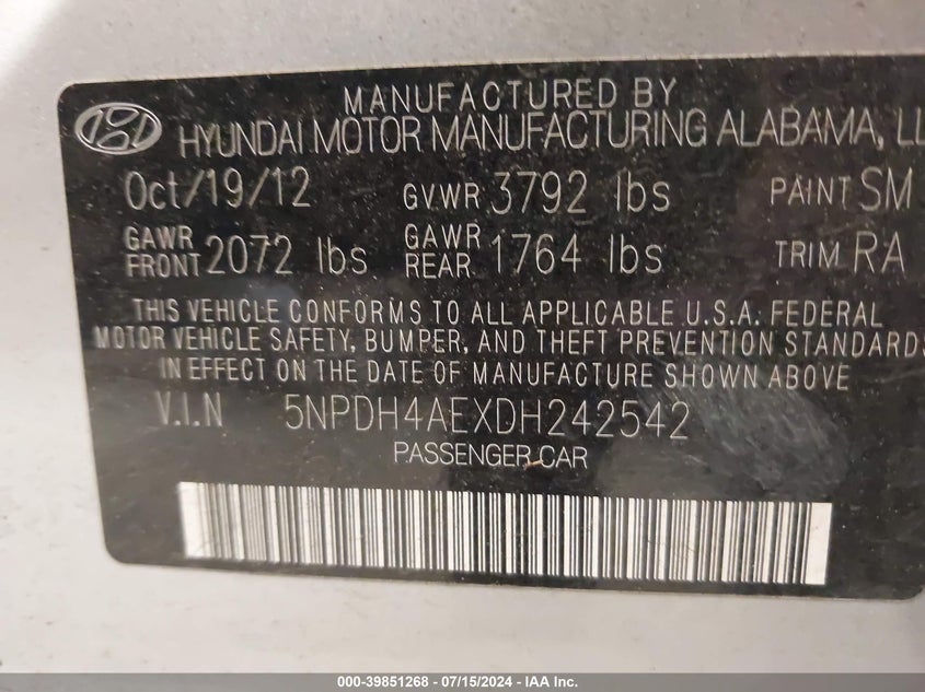 2013 Hyundai Elantra Gls VIN: 5NPDH4AEXDH242542 Lot: 39851268