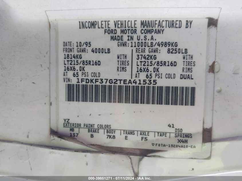 1996 Ford F350 VIN: 1FDKF37G2TEA41535 Lot: 39851271