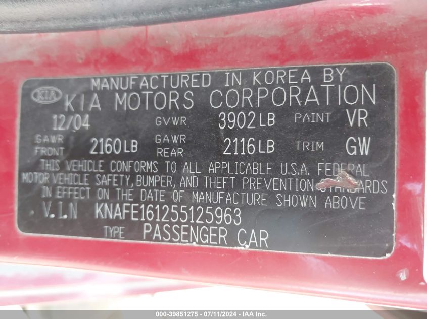 KNAFE161255125963 2005 Kia Spectra5