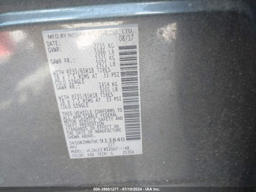 2017 Nissan Pathfinder Sv VIN: 5N1DR2MN7HC913840 Lot: 39851277