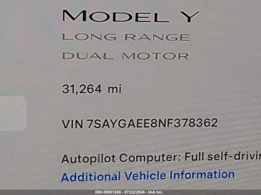 2022 Tesla Model Y Long Range Dual Motor All-Wheel Drive VIN: 7SAYGAEE8NF378362 Lot: 39851285