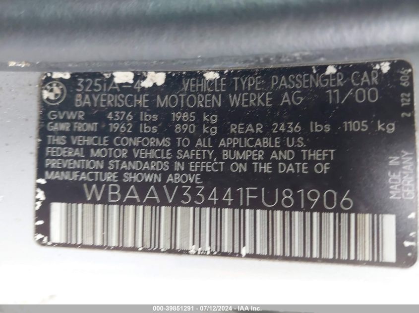 2001 BMW 325I VIN: WBAAV33441FU81906 Lot: 39851291